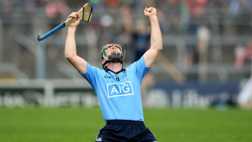 Johnny McCaffrey celebrates at the final whistle after Dublin’s one-point win over Limerick in the round two qualifier at Semple Stadium. Photograph: James Crombie/Inpho
