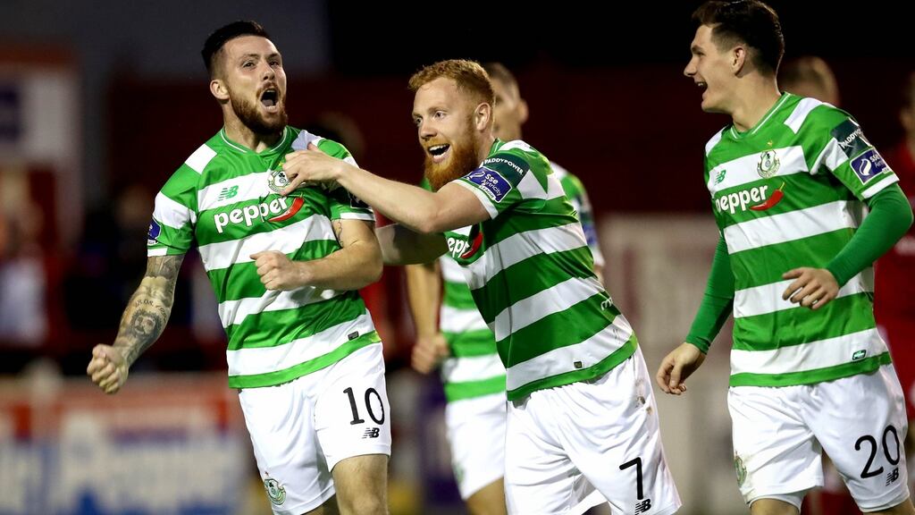 Shamrock Rovers’ Brandon Miele celebrates scoring the first goal of the game in the FAI Cup second-round match against Shelbourne at Tolka Park. Photograph: Ryan Byrne/Inpho
