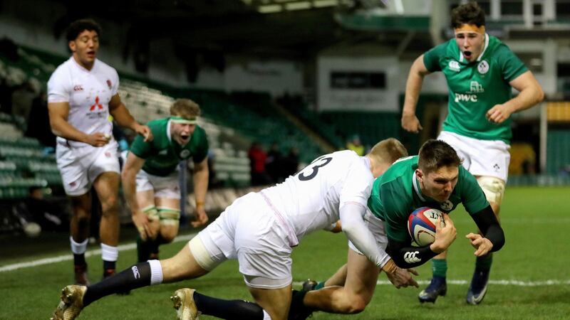 Hayden Hyde scores Ireland’s second try during the Under-20 Six Nations Championship match against England at Franklin’s Gardens. Photograph: James Crombie/Inpho