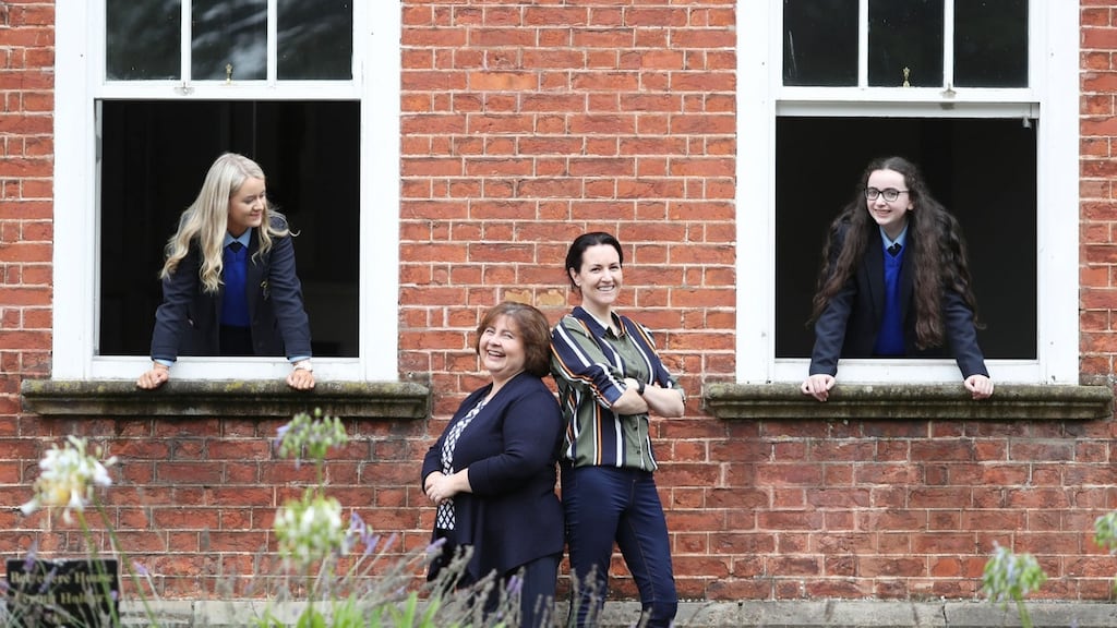 Alannah Bradley; Lorna Barron; Denise Dowds and Marie Barr, Scoil Mhuire, Buncrana, Co Donegal. Photograph : Julian Behal
