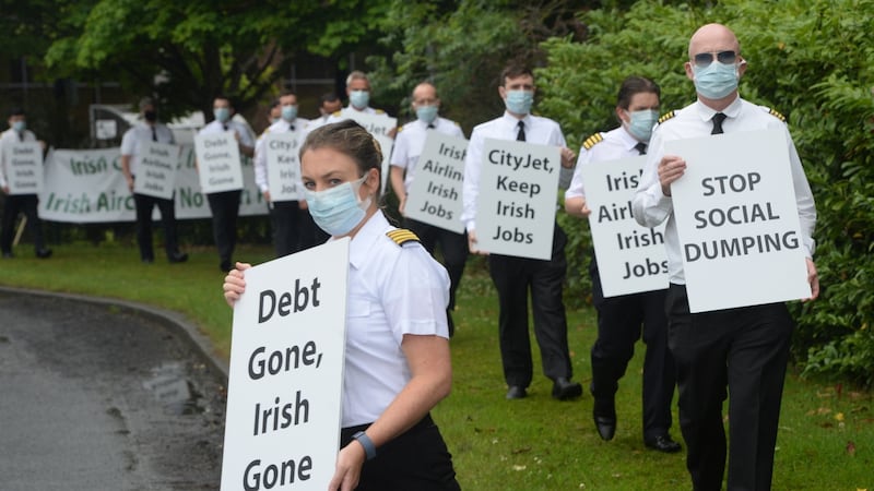 Dublin-based pilots from CityJet picket the company’s Dublin headquarters in 2020. Photograph: Dara Mac Dónaill