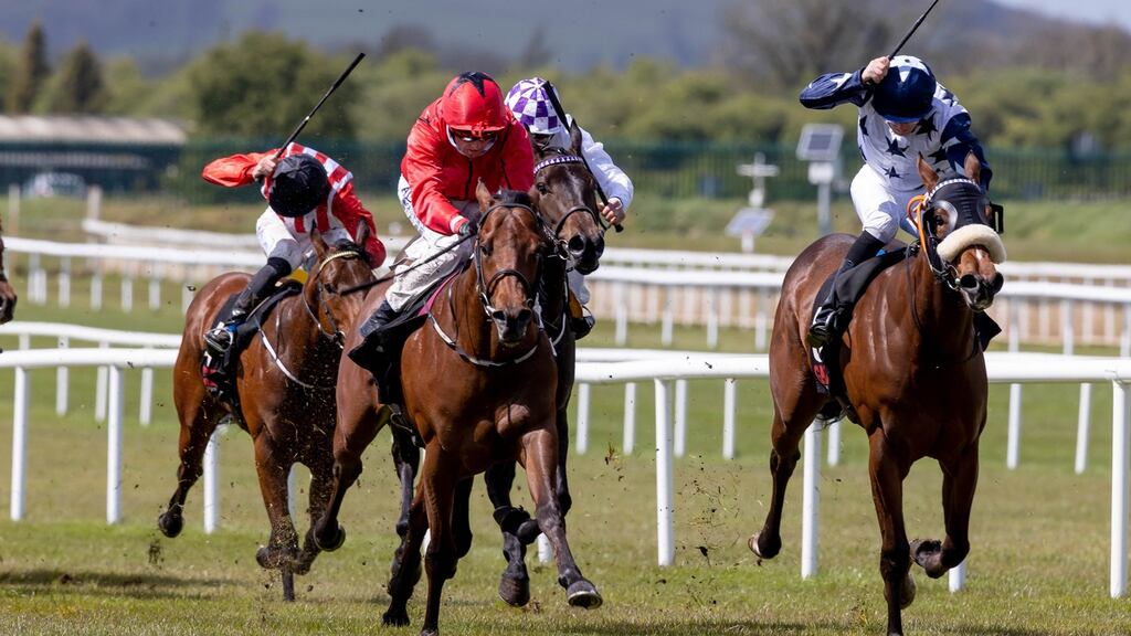 Chirs Hayes on Castle Star lengthens to take the GAIN First Flier Stakes at the Curragh on bank holiday Monday. Photograph: Inpho