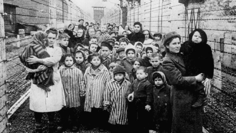 Survivors of Auschwitz are shown during the first hours of the concentration camp’s liberation by soldiers of the Soviet army, on January 27th, 1945. Photograph: Bettmann Archive / Reuters