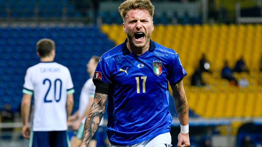 Ciro Immobile celebrates scoring Italy’s second against Northern Ireland. Photograph: Alessio Marini/PA