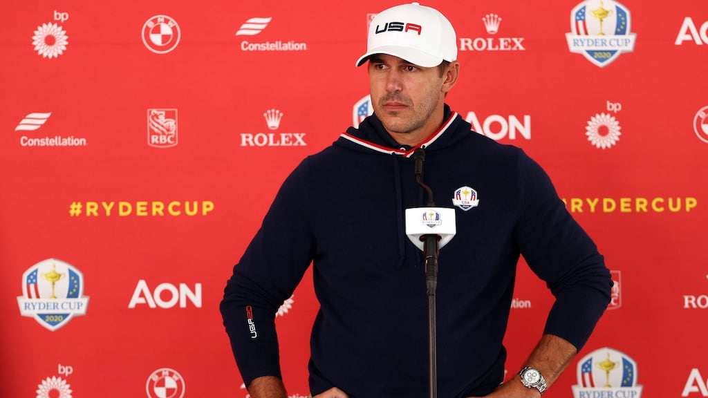 Brooks Koepka speaks to the media on Thursday ahead of the Ryder Cup. Photograph: Patrick Smith/Getty Images