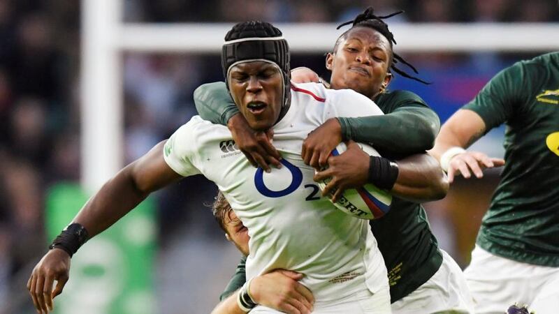 England’s Maro Itoje is taken down by South Africa’s Sibusiso Nkosi. Photograph: Toby Melville/Reuters