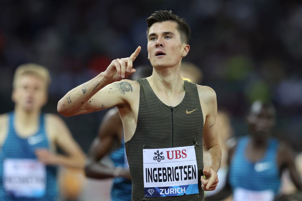 Jakob Ingebrigtsen of Norway following victory in the 1,500m  during the Weltklasse Zurich 2022, part of the  Diamond League series, at Stadion Letzigrund, Zurich, Switzerland, on September 8th. Photograph: Alexander Hassenstein/Getty Images