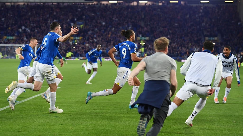 Dominic Calvert-Lewin celebrates scoring the winner against Crystal Palace at Goodison Park. Photograph: Michael Regan/Getty Images