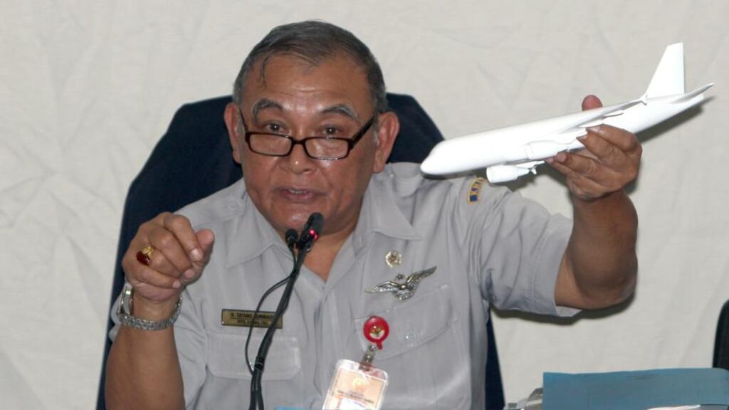 The head of the national transportation safety committee, Tatang Kurniadi talks to journalists during a press conference about the crashed AirAsia Flight QZ8501 Data Recorder. Photograph: Adi Weda/EPA