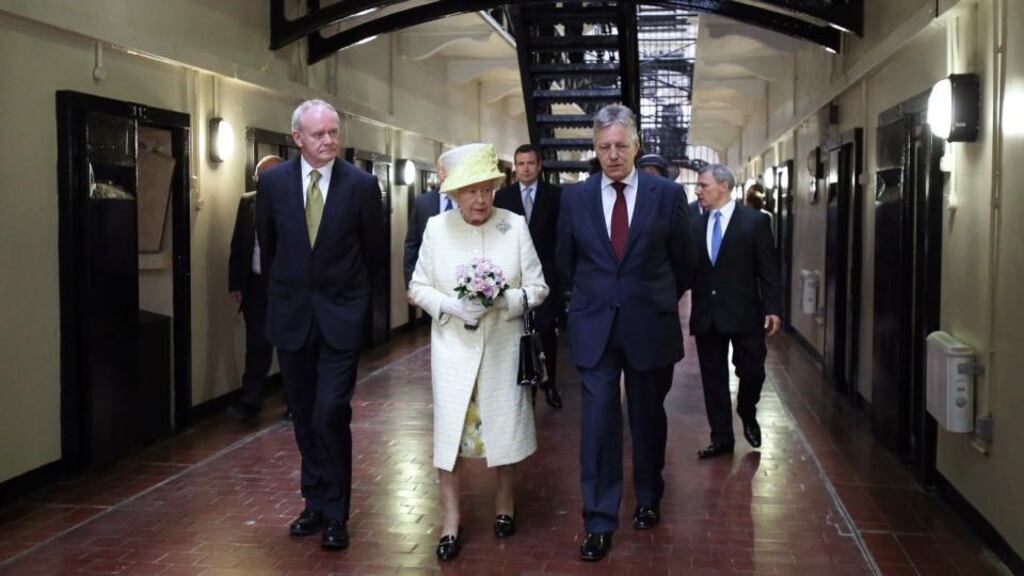 Queen Elizabeth visits Crumlin Road Gaol with Northern Ireland’s Deputy First Minister Martin McGuinness (left) and First Minister Peter Robinson. Photograph: Paul Faith - WPA Pool /Getty Images)