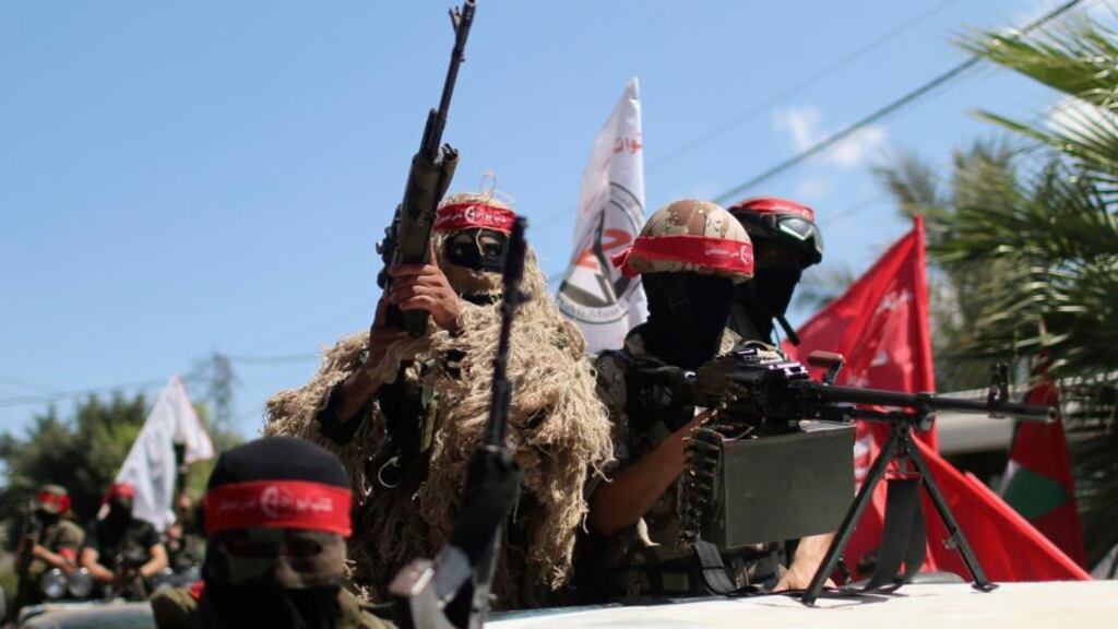Palestinian militants from the Popular Front for the Liberation of Palestinian take part in a military display in Gaza City yesterday. Photograph: Mohammed Salem/Reuters