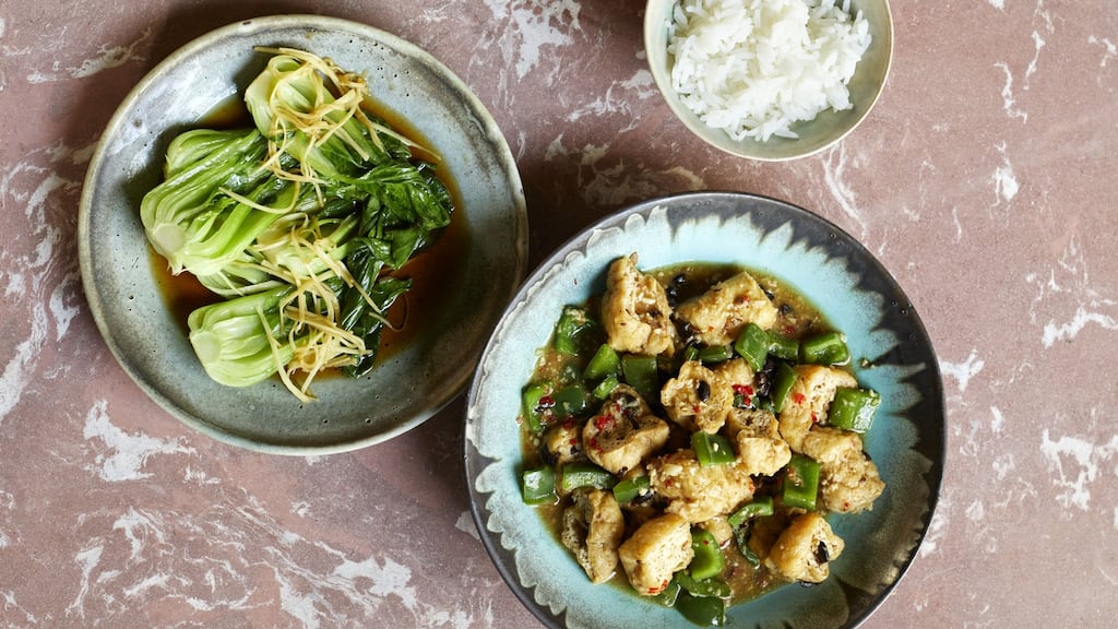 Ching-He Huang’s black bean tofu and baby pak choi.