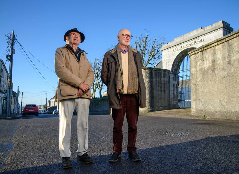 Lifelong friends Comdt Paddy Walshe (retired) and ex-Army lieutenant Dónal de Róiste outside Collins Barracks, Cork city. Photograph: Daragh Mc Sweeney/Provision