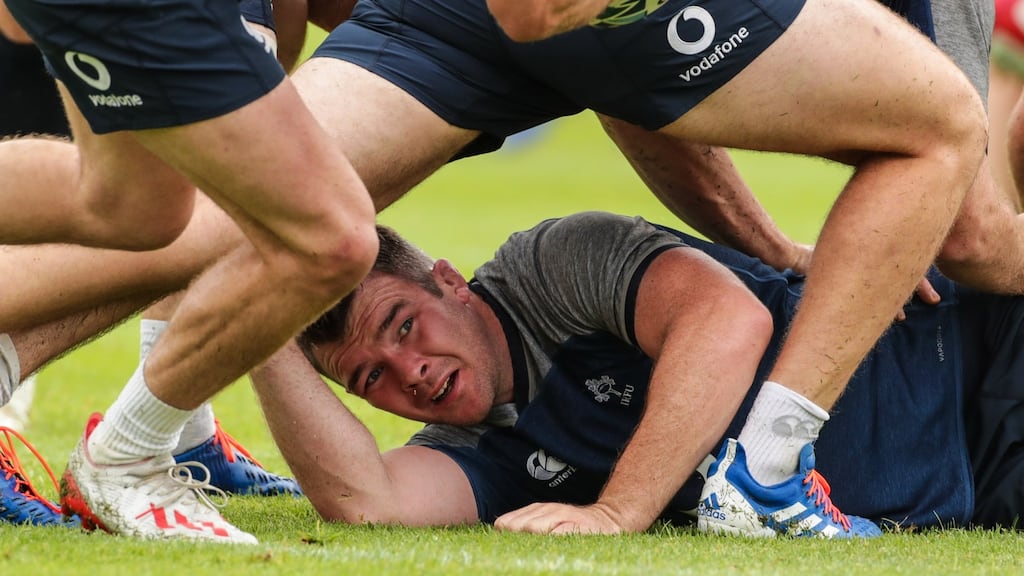 Ireland’s Peter O’Mahony during training at Carton House, Kildare, ahead of their Test match against Wales. Photograph: Billy Stickland/Inpho