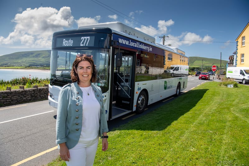 Deirdre de Bhailis of Dingle Hub getting the local link electric bus to Ventry. Photograph: Domnick Walsh/Eye Focus