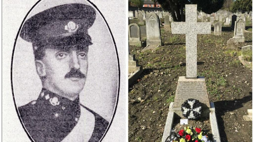 A clipping from the Irish Times in 1916 about Holden Stodart, an ambulance volunteer killed during the 1916 Rising. (Right) Mr Stodart’s grave in Mount Jerome in Dublin.