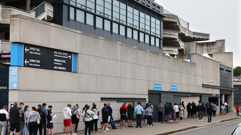 Queues form before the opening of the HSE Covid-19 vaccination walk-in centre, at Croke Park, Dublin on Monday of the bank holiday weekend. Photograph: Dara Mac Dónaill