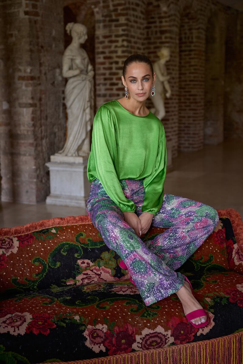 Green silk blouse, €95, and multi-sequin trousers, €105, Avoca. Photograph: Barry McCall