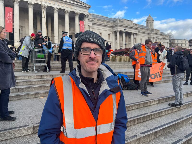 David Nixon at Trafalgar Square: 'I used to work with children but I realised they would have no future unless we do something about climate breakdown. But it’s farcical now – you’re on the road for 10 seconds and you get arrested.' Photograph: Mark Paul