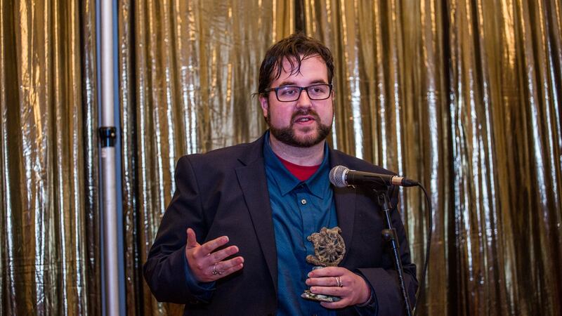 Oein DeBhairduin from Galway who won the Enterprise and Employment awardis seen speaking at the Traveller Pride awards 2019 in the Pillar Room at Rotunda Hospital. Photograoh: James Forde