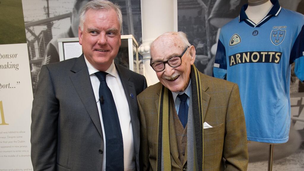 Donald McDonald, MD Arnotts and former employee Gerard Nolan from Clontarf who started work in Arnotts in 1942 at the Arnotts 175 Museum launch. Photorgraph: Tom Honan.