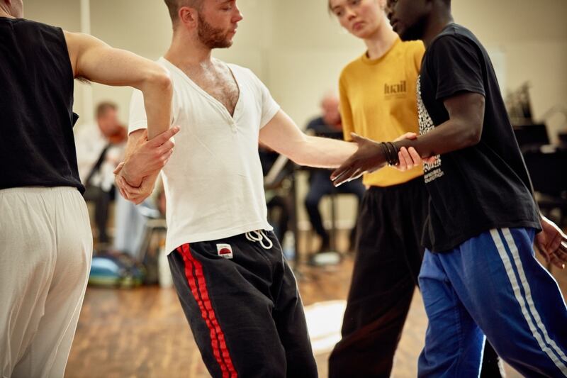 Luail: Sean Lammer, Rosie Stebbing and Hamza Pirimo rehearse Chora. Photograph: Maurice Gunning
