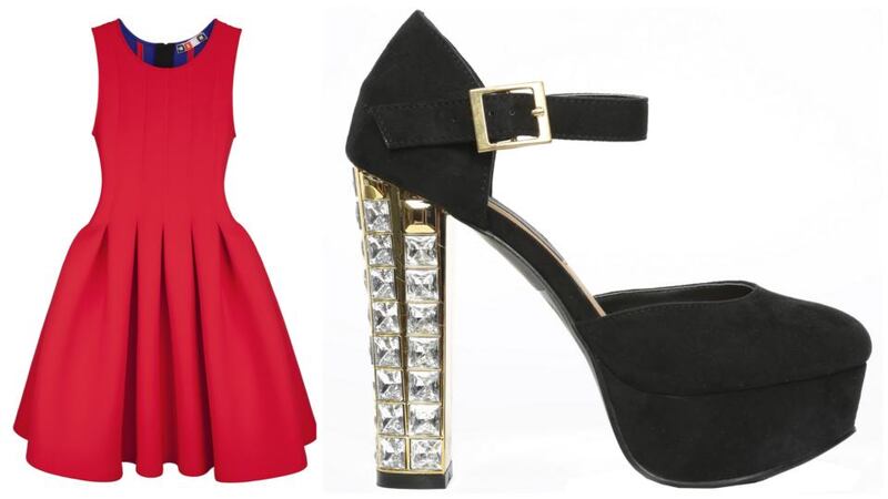 Red neoprene dress, €450 by MSGM at BT2; crystal heel Mary Janes, €24 by Limited Edition at Penneys