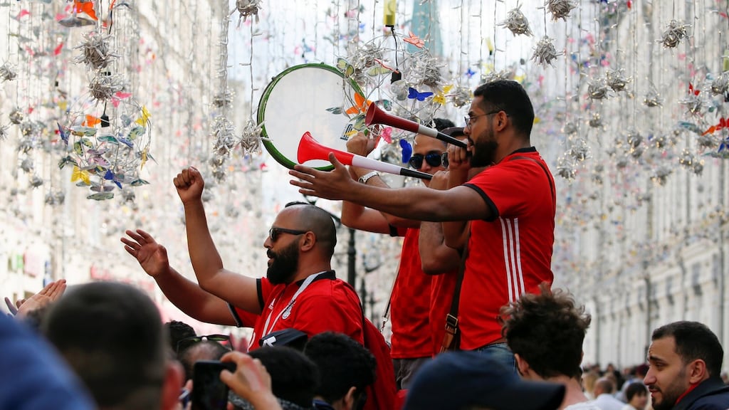 Egypt fans gather near Red Square on the eve of the World Cup. Photograph: Gleb Garnaich/Reuters