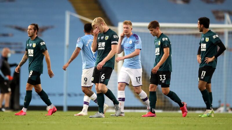 Burnley skipper Ben Mee after his side’s 5-0 defeat to Man City. Photograph: Martin Rickett/EPA