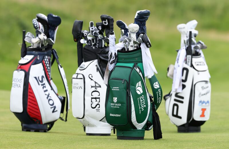 The golf bags of Brooks Koepka, Dustin Johnson, Jason Kokrak and Brian Campbell of the United States during a practice round at Royal Portrush. Photograph: Christian Petersen/Getty Images