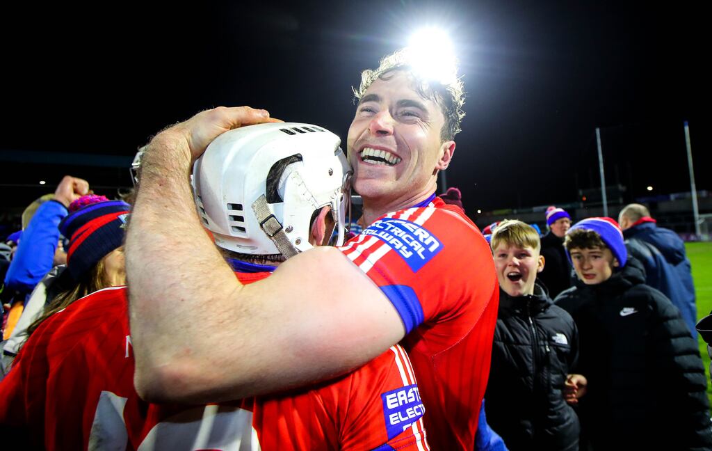 St Thomas’ Darragh Burke and Conor Cooney celebrate after their All-Ireland club semi-final win over Ballygunner. Photograph: Ryan Byrne/Inpho