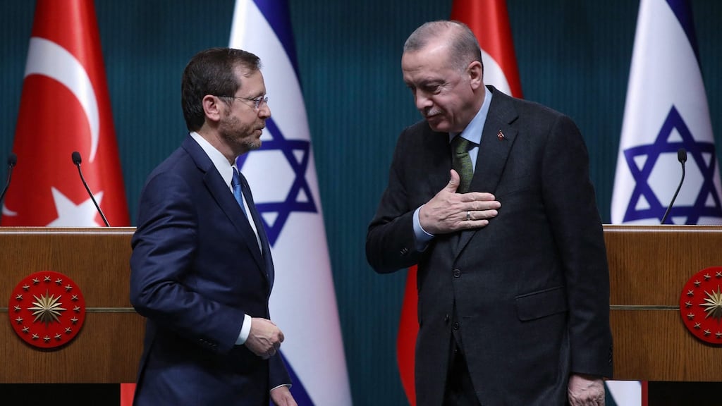 Israeli president Yitzhak Herzog and Turkish president Recep Tayyip Erdogan after a press conference in Ankara on Wednesday. Photograph: STR/AFP via Getty Images