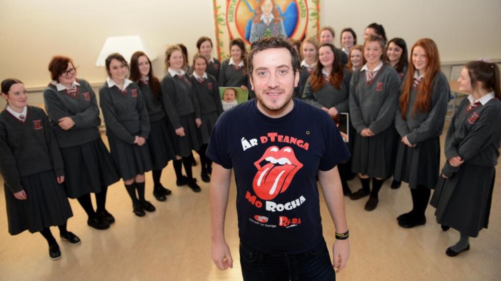 ‘Irish speakers live in a country where the majority speak English, and, in the battle to save a minority language, the odds are always stacked in favour of the majority language.’ Above, Aodhan Ó Dea, from Conradh na Gaeilge, with Transition Year students at an Irish language workshop in Loreto Bray, Co Wicklow. Photograph: Eric Luke
