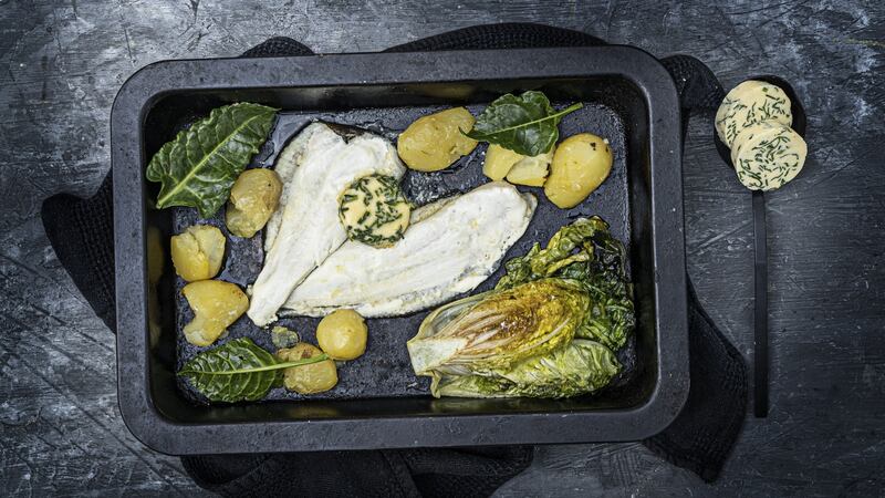 Plaice with new potatoes, Little Gems and sea beet butter