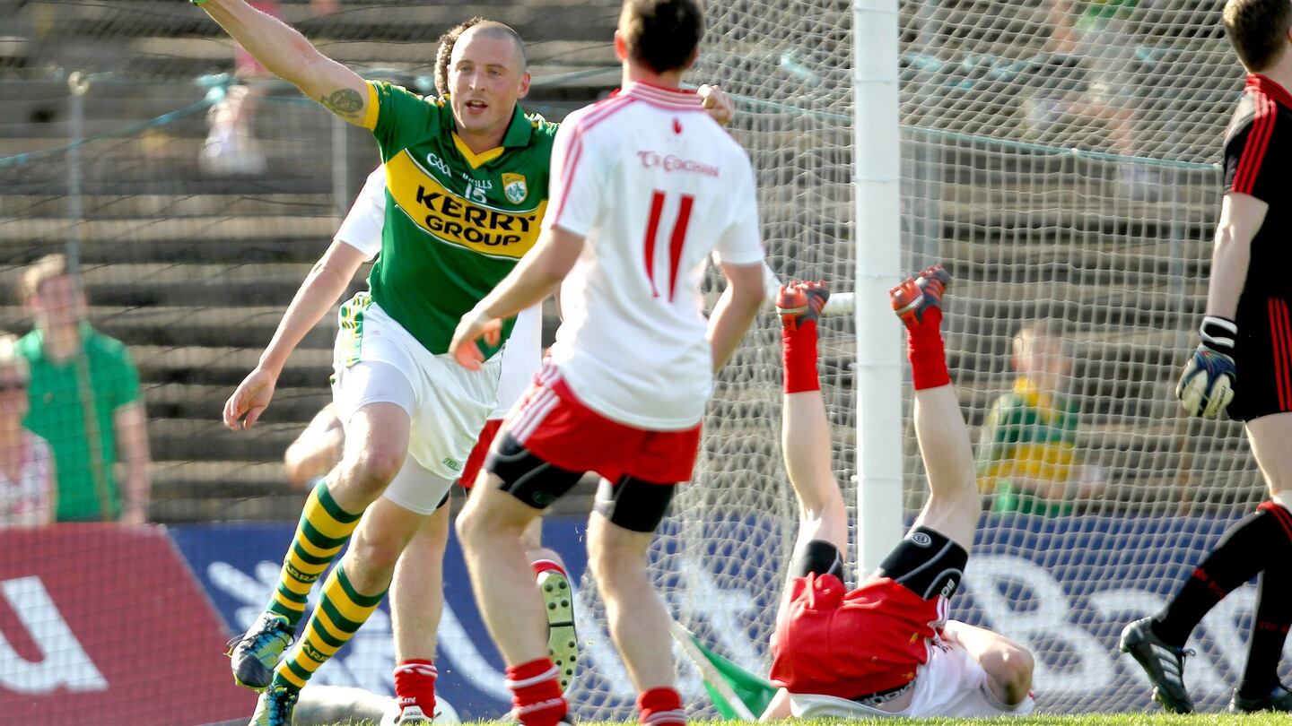 Kerry’s Kieran Donaghy celebrates scoring a point against Tyrone in 2012. Photograph: James Crombie/Inpho