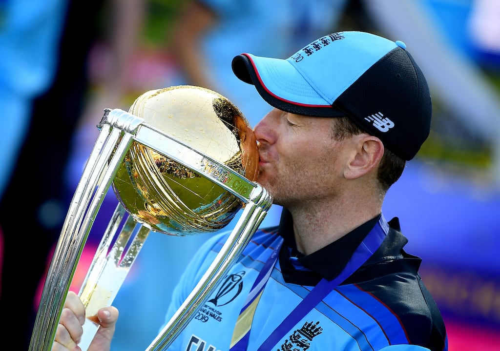 Dubliner Eoin Morgan of England kisses the trophy after victory over New Zealand in the final of the ICC Cricket World Cup 2019 at Lord's in London. Photograph: Clive Mason/Getty