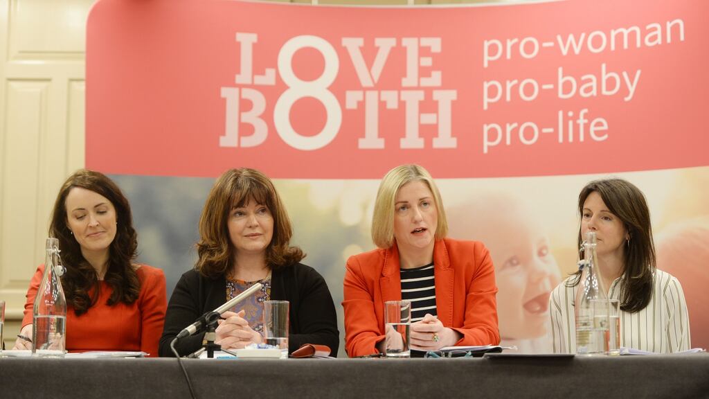 Aine Kierans, Caroline Simons, Cora Sherlock and Cliona Johnson speaking at a Pro Life Campaign event on Friday. Photograph: Alan Betson
