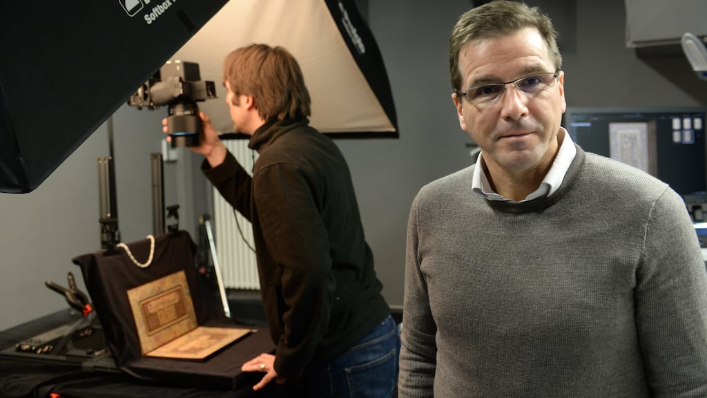 Tim Keefe, Head of Digital, Chester Beatty, Dublin Castle with photographer John Riordan. Photograph: Dara Mac Dónaill/The Irish Times