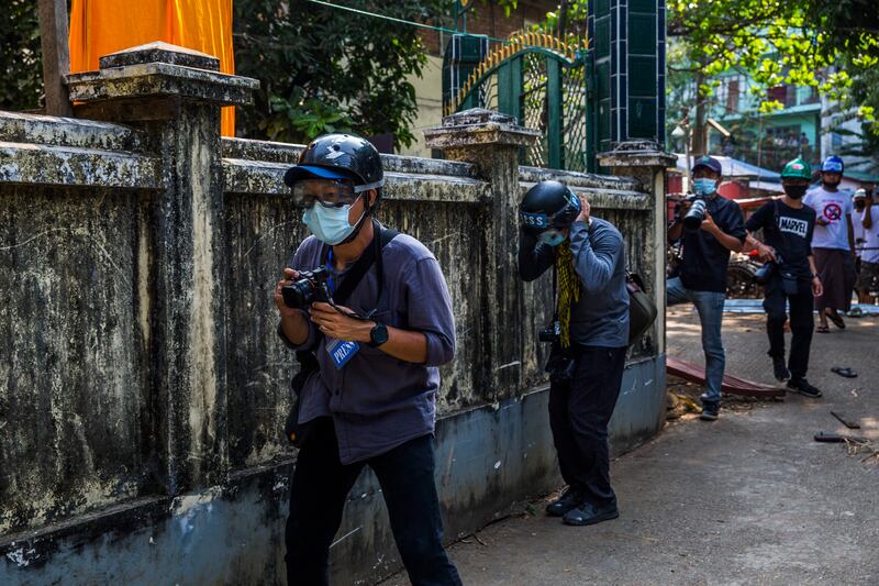 Journalists covering a protest near Yangon, Myanmar, in February las year. Photograph: New York Times