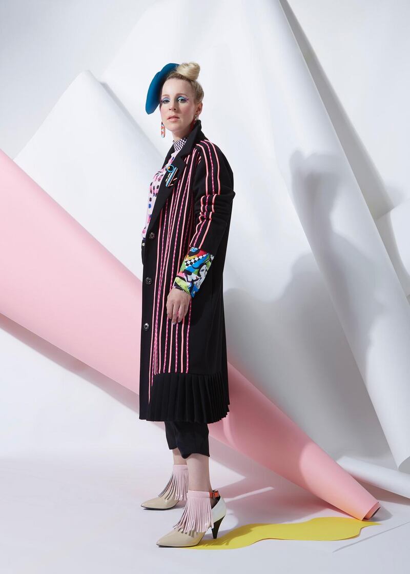 Joanne Hynes for Dunnes Stores: rope-embroidered coat €190, Buffalo Girl cuff top €90, landscape brooch €20, resin ear-rings €15, heatstone trousers €120