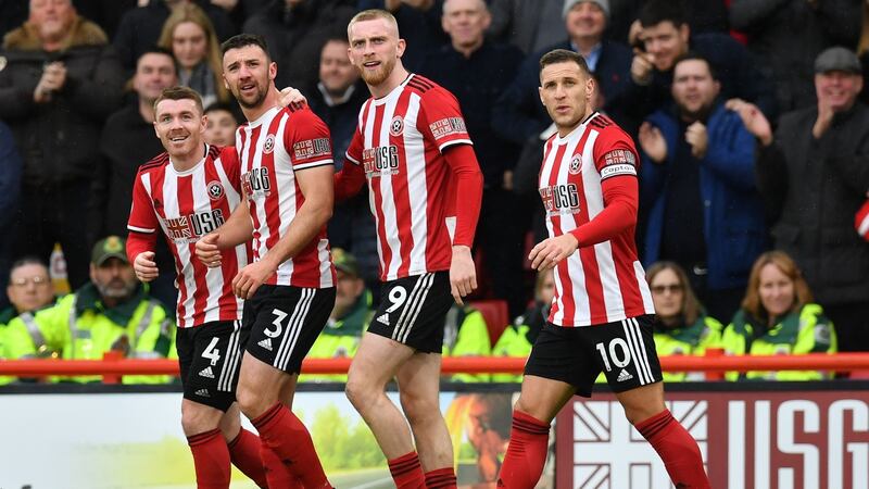 Sheffield United’s Irish defender Enda Stevens celebrates his goal at Bramall Lane. Photograph: Getty Images