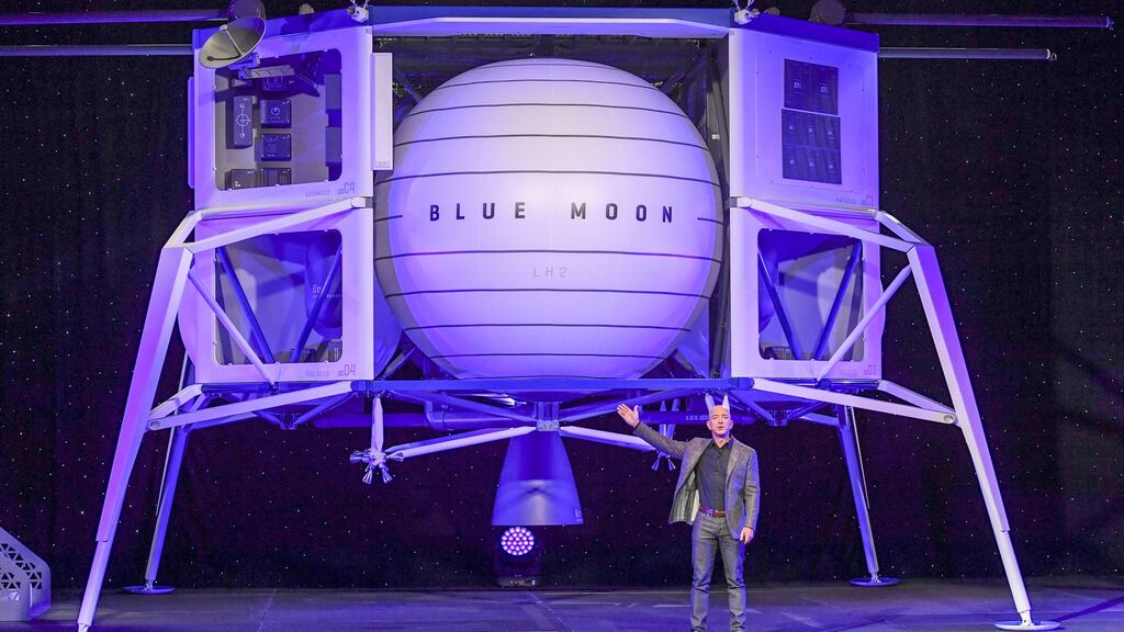 Jeff Bezos, founder of Amazon, Blue Origin and owner of The Washington Post, introduces the lunar lander “Blue Moon”. Photograph: Jonathan Newton / The Washington Post via Getty Images