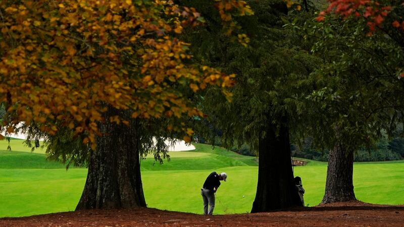 Morikawa hits on the 13th hole during a practice round on Tuesday. Photo: Chris Carlson/AP Photo