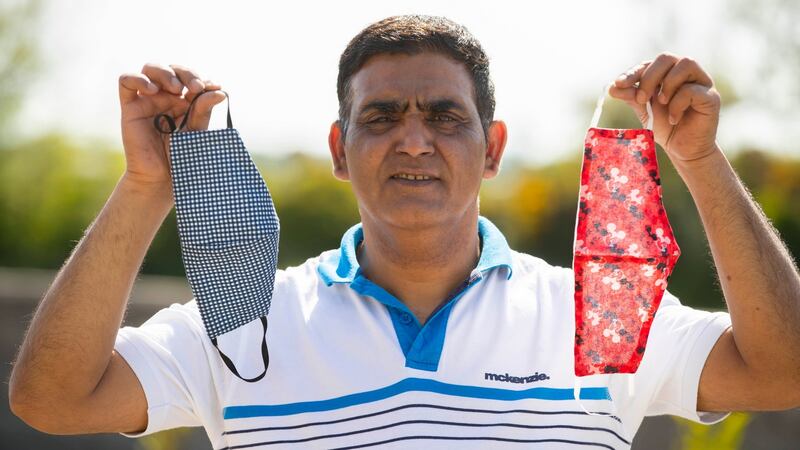 Aziz Mohiuddin, a Pakistani asylum seeker at Rosslare asylum accommodation centre in Rosslare Harbour, Co Wexford. Aziz Mohiuddin a tailor in Pakistan is making masks. Photograph: Patrick Browne/The Irish Times