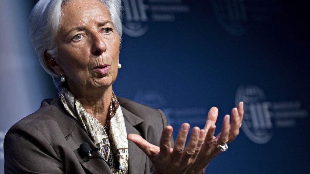 IMF managing director Christine Lagarde speaks at a meeting in Washington on Wednesday, as the organisation expressed concern about a growing debt pile in G20 countries.  Photograph: Andrew Harrer/Bloomberg