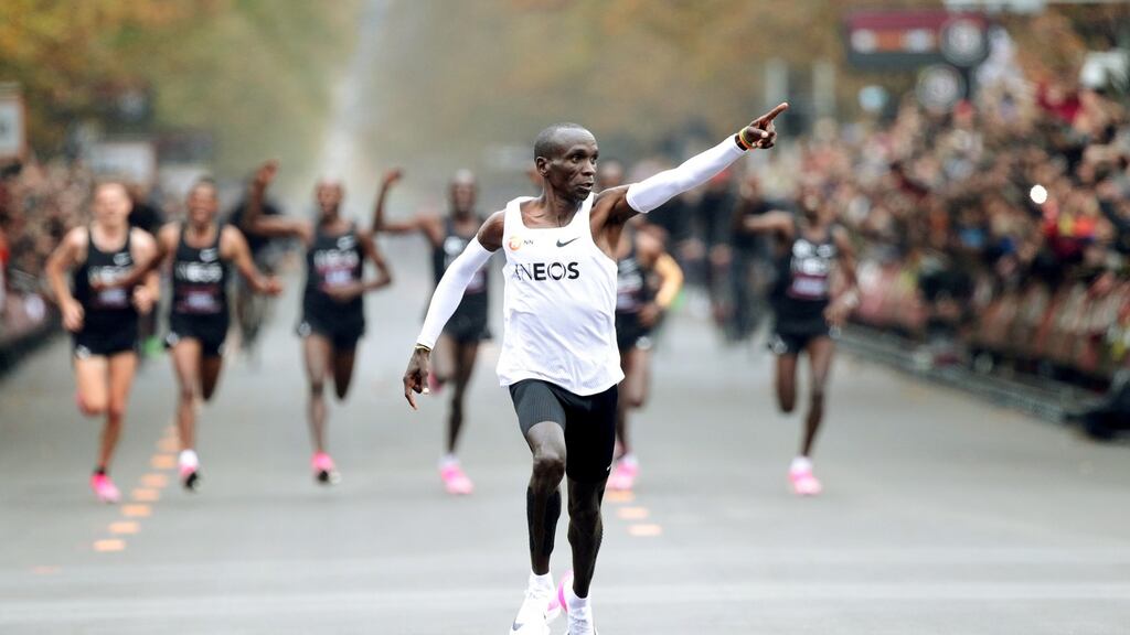 Kenya’s Eliud Kipchoge, the marathon world record holder, crosses the finish line wearing Nike Vaporfly shoes during his attempt to run a marathon in under two hours in Vienna last October. Photo: Lisi Niesner/Reuters