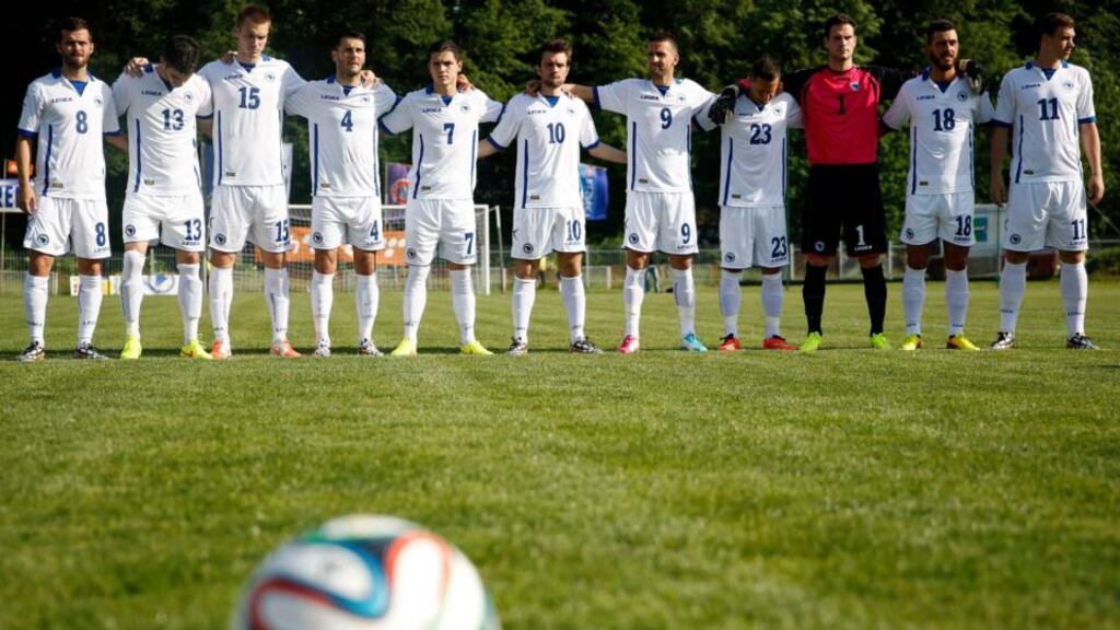 Bosnia and Herzegovina (l-r): Miralem Pjanic, Jasmin Mujdza, Toni Sunjic, Emir Spahic, Tino-Sven Susic, Zvjezdan Misimovic, Vedad Ibisevic, Sejad Salihovic, Asmir Begovic, Haris Medunjanin and Edin Dzeko. Photograph: Dado Ruvic / Reuters