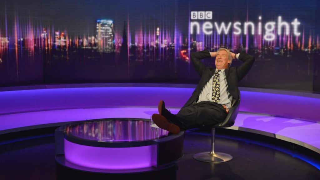 BBC Newsnight’s Jeremy Paxman allows himself a little liberty putting the feet up as he signs off as presenter of the flagship current affairs show after 25 years last night. Photograph: Jeff Overs/BBC/PA Wire
