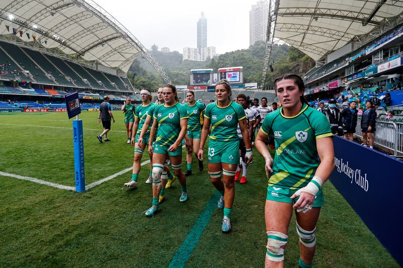 Beibhinn Parsons, Erin King and Amee-Leigh Murphy Crowe at Ireland's meeting with Fiji in Hong Kong in March. Photograph: Martin Seras Lima/Inpho