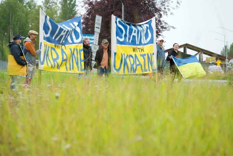 Protesters outside Joint Base Elmendorf-Richardson in Anchorage, Alaska. Photograph: Bastien Inzaurralde/AFP via Getty Images